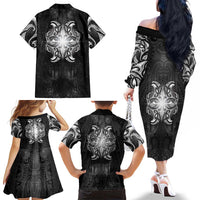 New Zealand Matariki Family Matching Off The Shoulder Long Sleeve Dress and Hawaiian Shirt Maori Moko Black Galaxy LT05 - Polynesian Pride