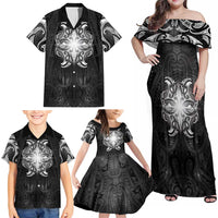 New Zealand Matariki Family Matching Off Shoulder Maxi Dress and Hawaiian Shirt Maori Moko Black Galaxy LT05 - Polynesian Pride