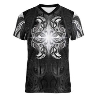 New Zealand Matariki Women V-Neck T-Shirt Maori Moko Black Galaxy LT05 Female Black - Polynesian Pride