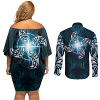 New Zealand Matariki Waita Couples Matching Off Shoulder Short Dress and Long Sleeve Button Shirt Maori Moko Dark Blue Galaxy LT05 - Polynesian Pride