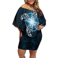 New Zealand Matariki Waita Family Matching Off Shoulder Short Dress and Hawaiian Shirt Maori Moko Dark Blue Galaxy LT05 Mom's Dress Blue - Polynesian Pride
