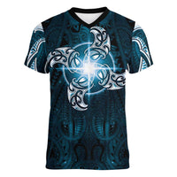 New Zealand Matariki Waita Women V-Neck T-Shirt Maori Moko Dark Blue Galaxy LT05 Female Blue - Polynesian Pride