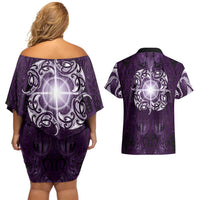New Zealand Matariki Waipunarangi Couples Matching Off Shoulder Short Dress and Hawaiian Shirt Maori Moko Purple Galaxy LT05 - Polynesian Pride