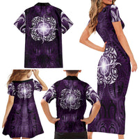 New Zealand Matariki Waipunarangi Family Matching Short Sleeve Bodycon Dress and Hawaiian Shirt Maori Moko Purple Galaxy LT05 - Polynesian Pride