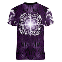 New Zealand Matariki Waipunarangi Women V-Neck T-Shirt Maori Moko Purple Galaxy LT05 - Polynesian Pride