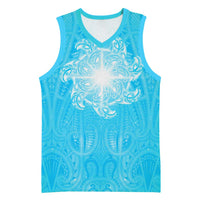 New Zealand Matariki Waiti Basketball Jersey Maori Moko Cyan Galaxy LT05 Unisex Cyan - Polynesian Pride