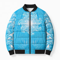 New Zealand Matariki Waiti Bomber Puffer Jacket Maori Moko Cyan Galaxy LT05 Unisex Cyan - Polynesian Pride