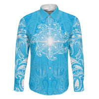 New Zealand Matariki Waiti Family Matching Off Shoulder Short Dress and Hawaiian Shirt Maori Moko Cyan Galaxy LT05 Dad's Shirt - Long Sleeve Cyan - Polynesian Pride