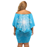 New Zealand Matariki Waiti Off Shoulder Short Dress Maori Moko Cyan Galaxy LT05 - Polynesian Pride