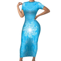 New Zealand Matariki Waiti Short Sleeve Bodycon Dress Maori Moko Cyan Galaxy LT05 Long Dress Cyan - Polynesian Pride