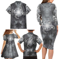 New Zealand Matariki Ururangi Family Matching Long Sleeve Bodycon Dress and Hawaiian Shirt Maori Moko Grey Galaxy LT05 - Polynesian Pride