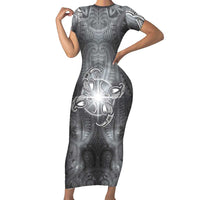 New Zealand Matariki Ururangi Short Sleeve Bodycon Dress Maori Moko Grey Galaxy LT05 Long Dress Grey - Polynesian Pride