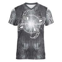 New Zealand Matariki Ururangi Women V-Neck T-Shirt Maori Moko Grey Galaxy