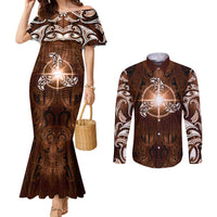 New Zealand Matariki Tupuanuku Couples Matching Mermaid Dress and Long Sleeve Button Shirt Maori Moko Brown Galaxy LT05 Brown - Polynesian Pride