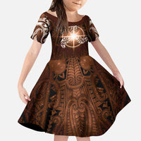 New Zealand Matariki Tupuanuku Family Matching Mermaid Dress and Hawaiian Shirt Maori Moko Brown Galaxy LT05 Daughter's Dress Brown - Polynesian Pride