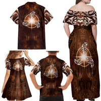New Zealand Matariki Tupuanuku Family Matching Off Shoulder Maxi Dress and Hawaiian Shirt Maori Moko Brown Galaxy LT05 - Polynesian Pride