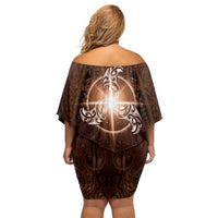 New Zealand Matariki Tupuanuku Off Shoulder Short Dress Maori Moko Brown Galaxy LT05 - Polynesian Pride