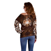 New Zealand Matariki Tupuanuku Off Shoulder Sweater Maori Moko Brown Galaxy LT05 - Polynesian Pride