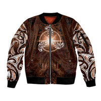 New Zealand Matariki Tupuanuku Sleeve Zip Bomber Jacket Maori Moko Brown Galaxy LT05 Unisex Brown - Polynesian Pride