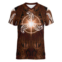 New Zealand Matariki Tupuanuku Women V-Neck T-Shirt Maori Moko Brown Galaxy LT05 Female Brown - Polynesian Pride
