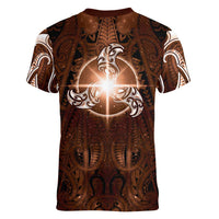 New Zealand Matariki Tupuanuku Women V-Neck T-Shirt Maori Moko Brown Galaxy LT05 - Polynesian Pride