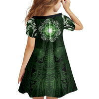 New Zealand Matariki Tupuarangi Family Matching Off The Shoulder Long Sleeve Dress and Hawaiian Shirt Maori Moko Green Galaxy LT05 - Polynesian Pride