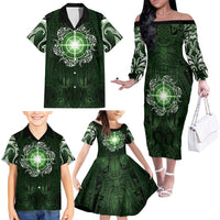 New Zealand Matariki Tupuarangi Family Matching Off The Shoulder Long Sleeve Dress and Hawaiian Shirt Maori Moko Green Galaxy LT05 - Polynesian Pride