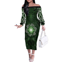 New Zealand Matariki Tupuarangi Family Matching Off The Shoulder Long Sleeve Dress and Hawaiian Shirt Maori Moko Green Galaxy LT05 Mom's Dress Green - Polynesian Pride
