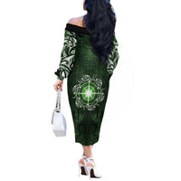 New Zealand Matariki Tupuarangi Off The Shoulder Long Sleeve Dress Maori Moko Green Galaxy LT05 - Polynesian Pride