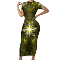 New Zealand Matariki Hiwaiterangi Family Matching Short Sleeve Bodycon Dress and Hawaiian Shirt Maori Moko Yellow Galaxy LT05 Mom's Dress Yellow - Polynesian Pride