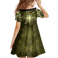 New Zealand Matariki Hiwaiterangi Kid Short Sleeve Dress Maori Moko Yellow Galaxy