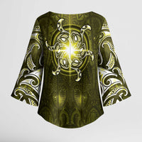 New Zealand Matariki Hiwaiterangi Kimono Sleeve Blouse Maori Moko Yellow Galaxy LT05 - Polynesian Pride