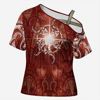 New Zealand Matariki Pohutukawa Cross Shoulder Shirt Maori Moko Red Galaxy LT05 Female Red - Polynesian Pride