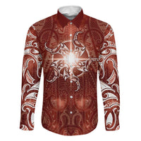New Zealand Matariki Pohutukawa Family Matching Off Shoulder Maxi Dress and Hawaiian Shirt Maori Moko Red Galaxy LT05 Dad's Shirt - Long Sleeve Red - Polynesian Pride