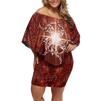New Zealand Matariki Pohutukawa Off Shoulder Short Dress Maori Moko Red Galaxy LT05 Women Red - Polynesian Pride