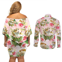 Hawaii Guinea Hula Pig Couples Matching Off Shoulder Short Dress and Long Sleeve Button Shirt Funny Tropical Style