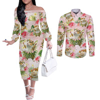 Hawaii Guinea Hula Pig Couples Matching Off The Shoulder Long Sleeve Dress and Long Sleeve Button Shirt Funny Tropical Style