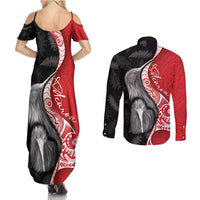New Zealand Aotearoa Couples Matching Summer Maxi Dress and Long Sleeve Button Shirt Kiwi Fern Maori Pattern Red Version LT05 - Polynesian Pride