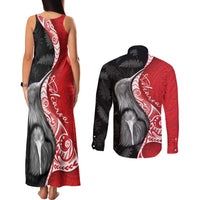 New Zealand Aotearoa Couples Matching Tank Maxi Dress and Long Sleeve Button Shirt Kiwi Fern Maori Pattern Red Version LT05 - Polynesian Pride