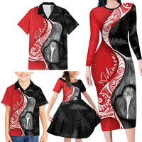 New Zealand Aotearoa Family Matching Long Sleeve Bodycon Dress and Hawaiian Shirt Kiwi Fern Maori Pattern Red Version LT05 - Polynesian Pride