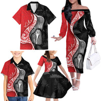 New Zealand Aotearoa Family Matching Off The Shoulder Long Sleeve Dress and Hawaiian Shirt Kiwi Fern Maori Pattern Red Version