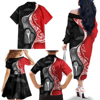 New Zealand Aotearoa Family Matching Off The Shoulder Long Sleeve Dress and Hawaiian Shirt Kiwi Fern Maori Pattern Red Version