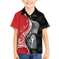 New Zealand Aotearoa Family Matching Off The Shoulder Long Sleeve Dress and Hawaiian Shirt Kiwi Fern Maori Pattern Red Version