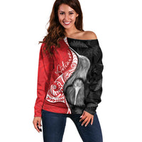 New Zealand Aotearoa Off Shoulder Sweater Kiwi Fern Maori Pattern Red Version