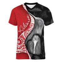 New Zealand Aotearoa Women V-Neck T-Shirt Kiwi Fern Maori Pattern Red Version LT05 Female Red - Polynesian Pride