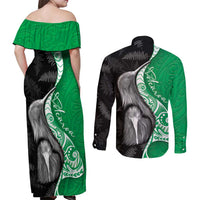 New Zealand Aotearoa Couples Matching Off Shoulder Maxi Dress and Long Sleeve Button Shirt Kiwi Fern Maori Pattern Green Version LT05 - Polynesian Pride