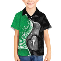 New Zealand Aotearoa Family Matching Off The Shoulder Long Sleeve Dress and Hawaiian Shirt Kiwi Fern Maori Pattern Green Version