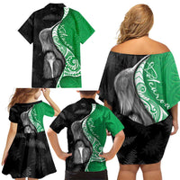 New Zealand Aotearoa Family Matching Off Shoulder Short Dress and Hawaiian Shirt Kiwi Fern Maori Pattern Green Version