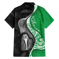 New Zealand Aotearoa Family Matching Off Shoulder Short Dress and Hawaiian Shirt Kiwi Fern Maori Pattern Green Version