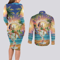 Aloha Hawaii Couples Matching Long Sleeve Bodycon Dress and Long Sleeve Button Shirt Hula Martini Tropical Vibes - Polynesian Pride